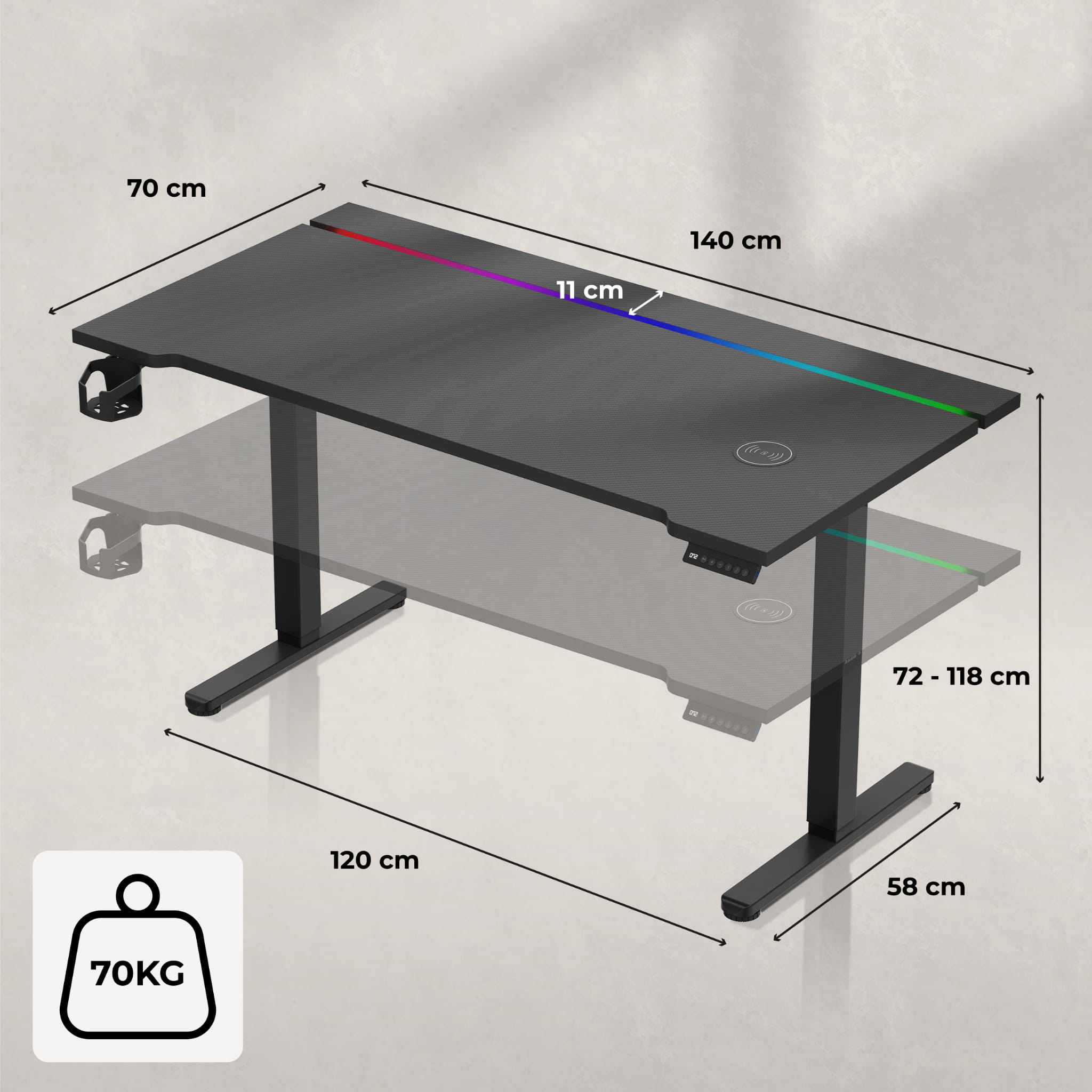 Huzaro Hero 8.7 RGB LED Schwarz elektrischer Schreibtisch