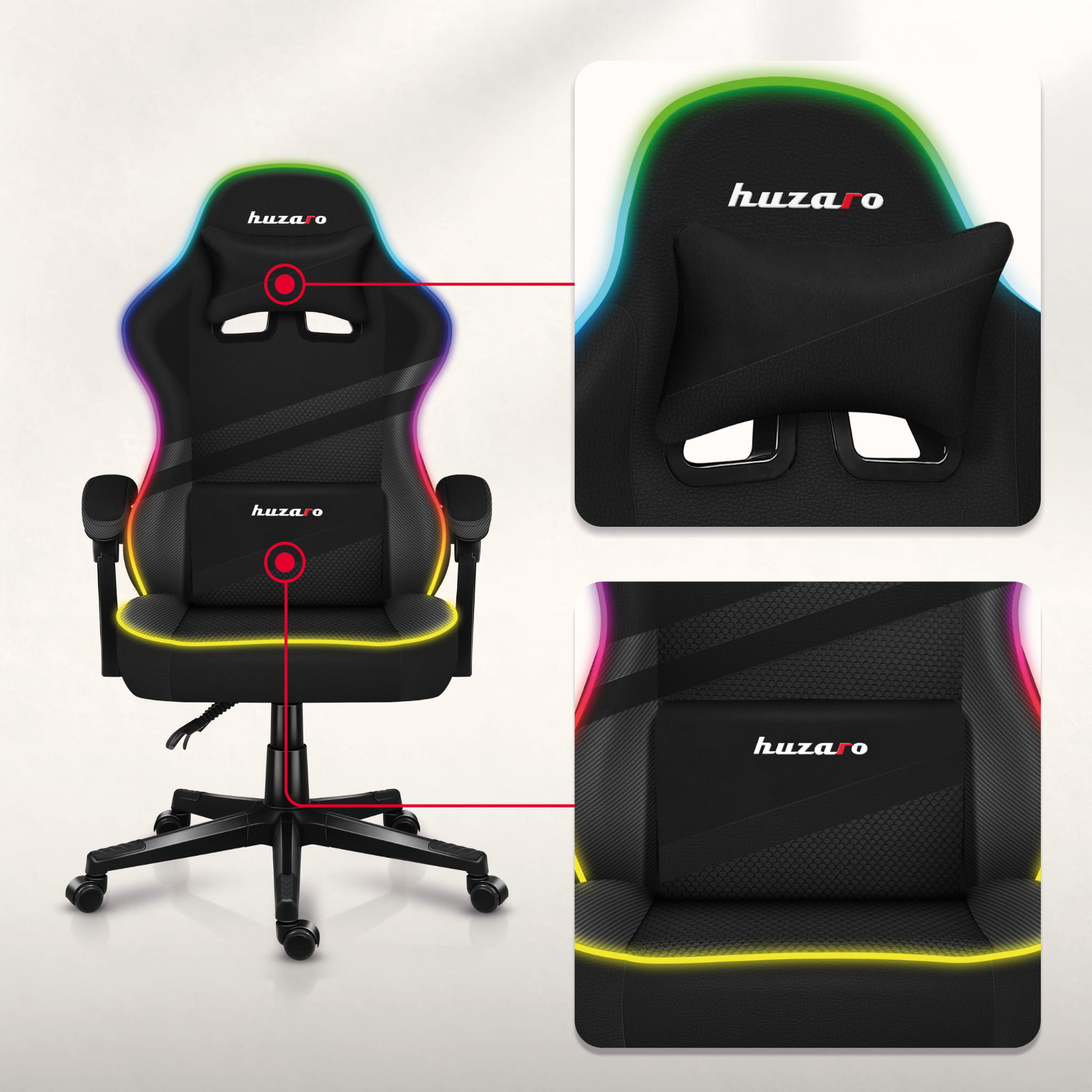 HUZARO FORCE 4.4 RGB LED Schwarz Mesh Gaming-Stuhl