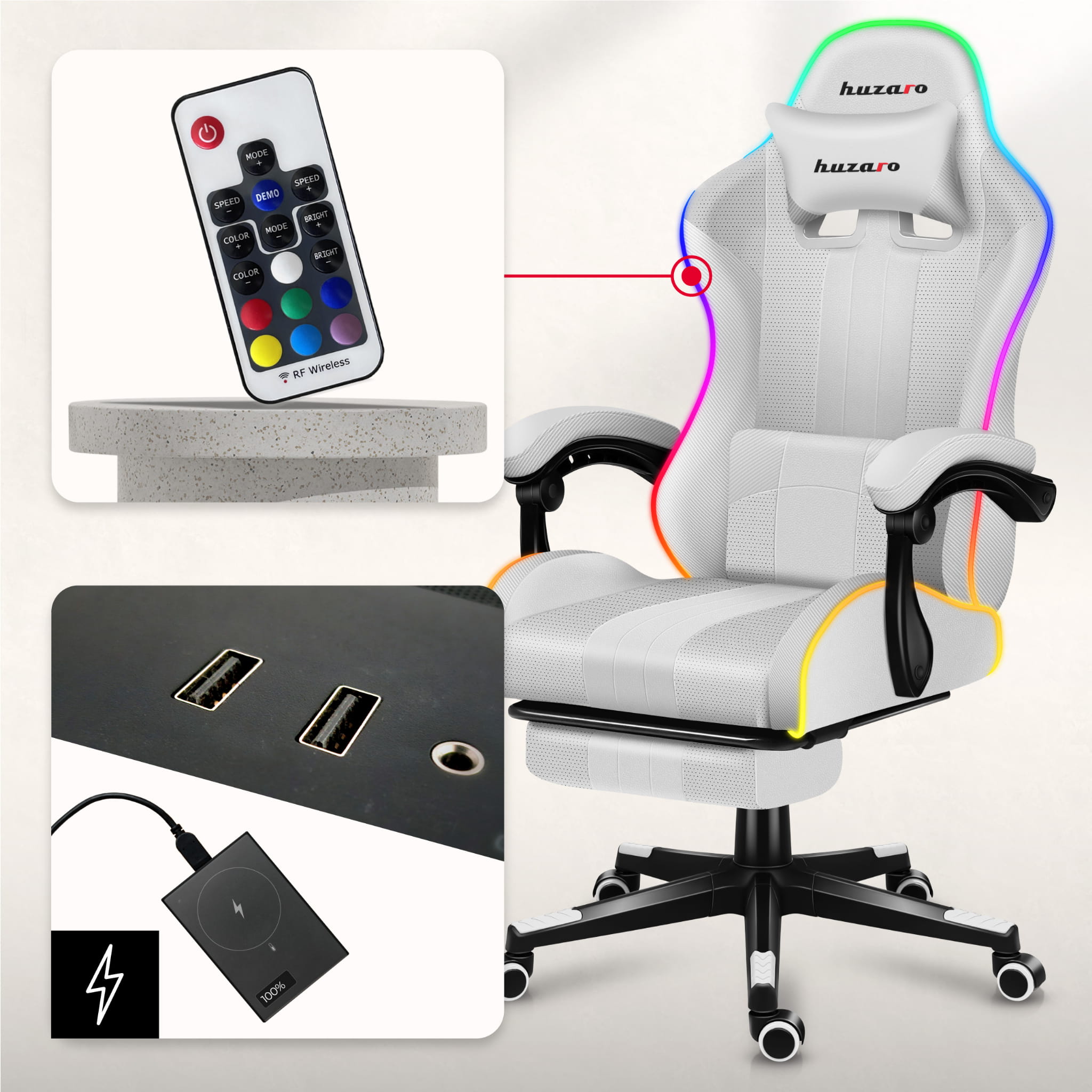 HUZARO Force 4.7 Weißer RGB-Gaming-Stuhl 