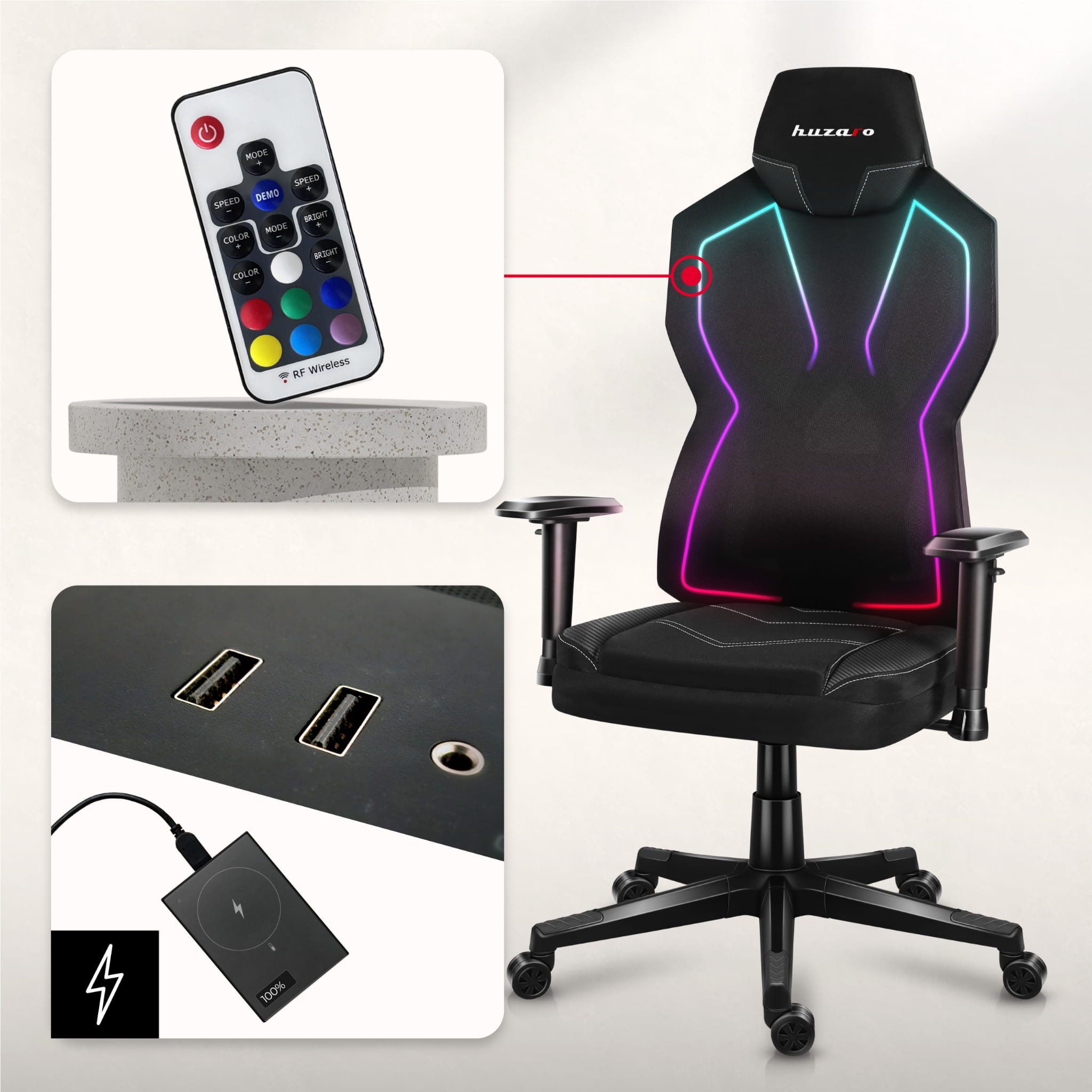 HUZARO Combat 6.2 Schwarzer RGB LED Gaming-Stuhl