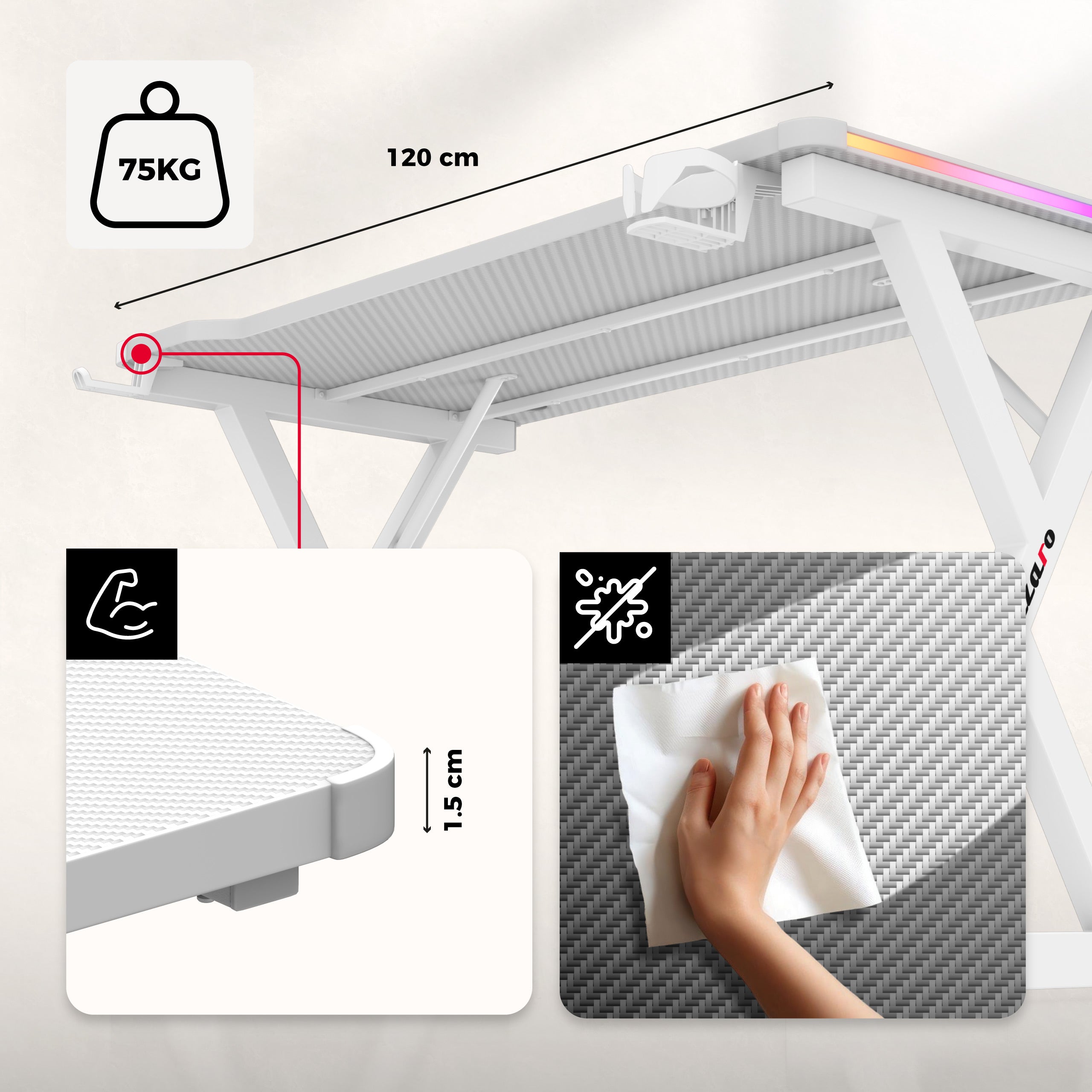 LED Gaming-Schreibtisch Huzaro Hero 2.3 RGB White 120 cm
